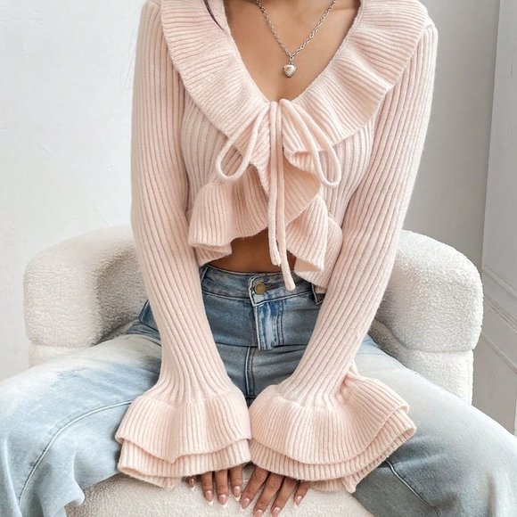 Apricot Casual Womens Ruffle Trim Knot Front Flare Sleeve Crop Cardigan - Picture 5 of 5